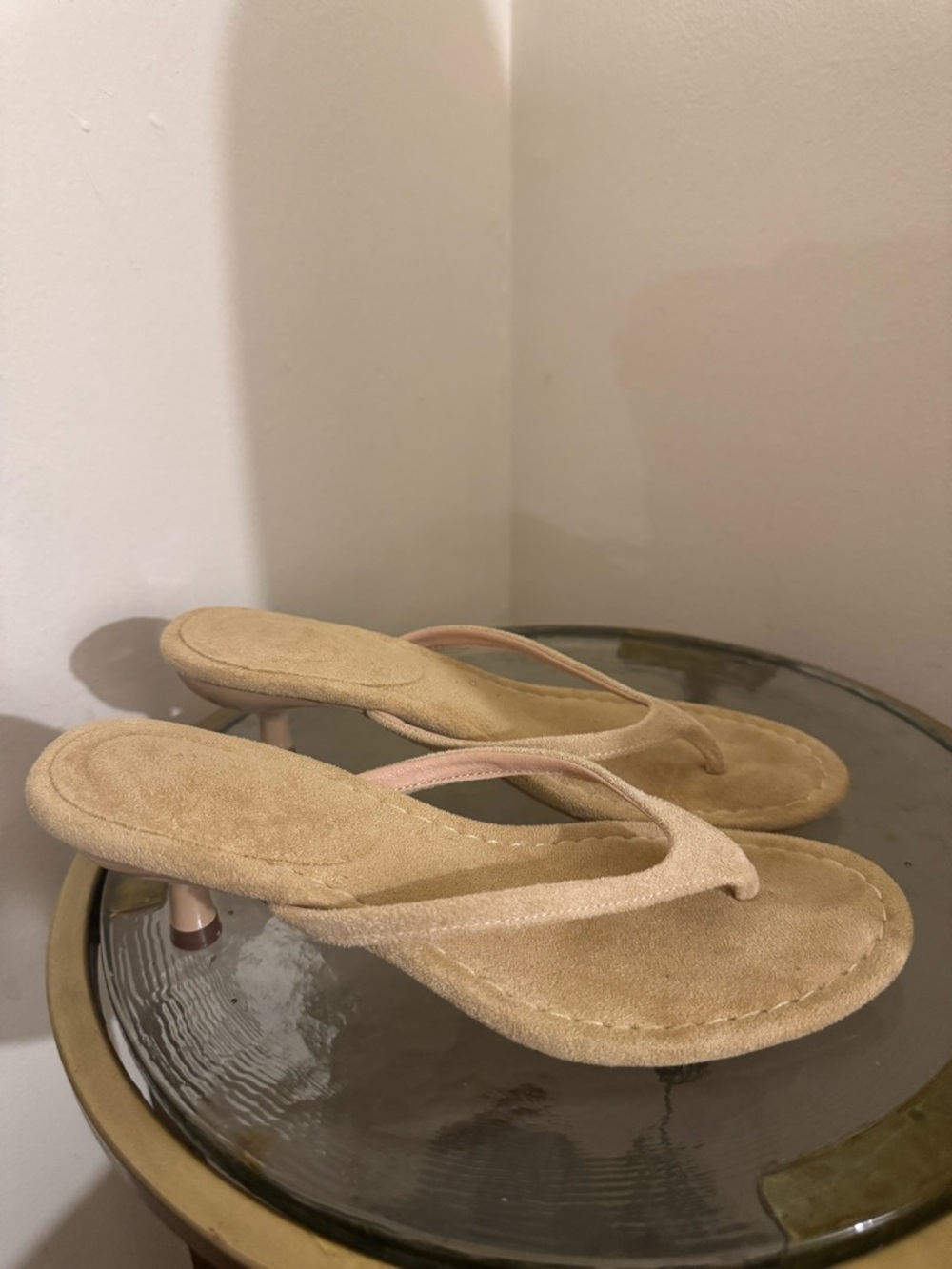 Beige Suede Thong Kitten-Heel Sandals